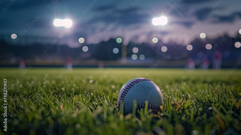 Close up of a baseball on the grass - obrazy, fototapety, plakaty 