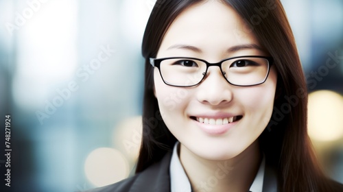 a woman wearing glasses smiling