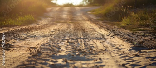 The suns rays illuminate a dirt road, casting shadows and highlighting the texture of the sand. The scene invites you to take a visual journey down the county road on a bright day. photo