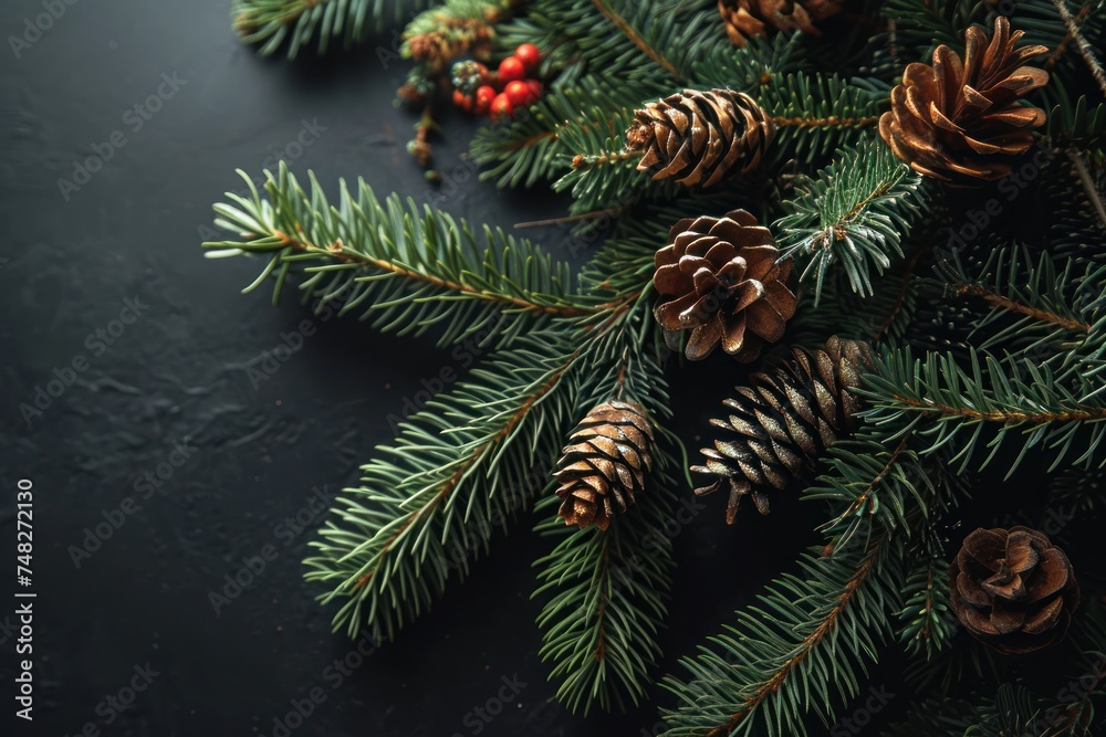 a pinecones and pine cones on a black surface