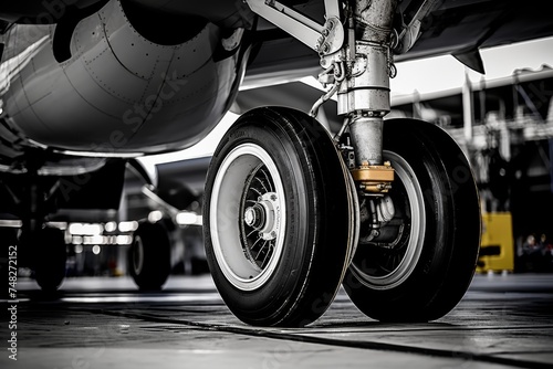 Detailed perspective of an airplane's main and nose landing gear in a busy aviation hangar