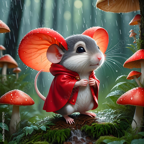In the middle of the forest, a small cartoon mouse finds itself caught in a sudden downpour. Seeking shelter, the mouse scurries over to a large red caped mushroom and huddles underneath it, using the photo