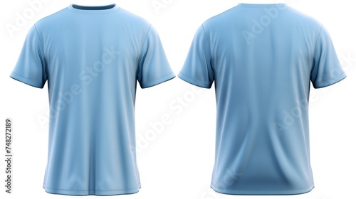Set of blue tee t-shirt isolated on white background. Front and back view. 3d rendering
