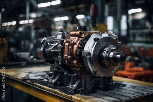 Industrial perfection: A shining transmission casing amidst a backdrop of factory tools and machinery