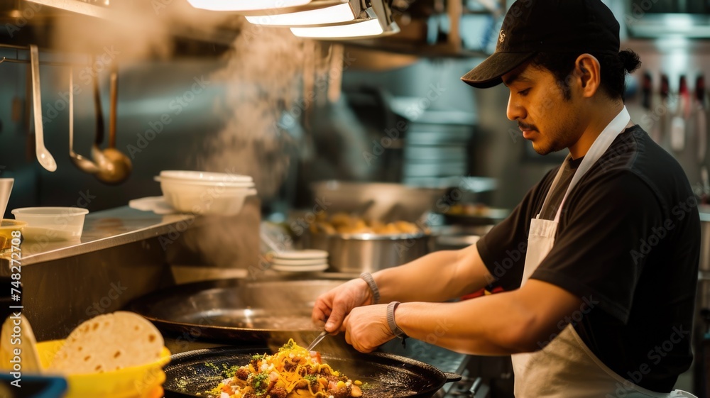 chef preparing Smash Burger Tacos in a bustling kitchen, showcasing the culinary creativity behind this fusion dish