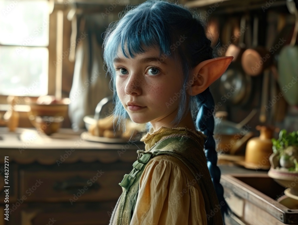 a girl with blue hair and ears in a kitchen