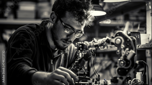 A male mechanic repairing machinery in a workshop.