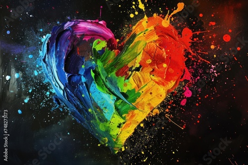 a rainbow heart painted with paint splatters