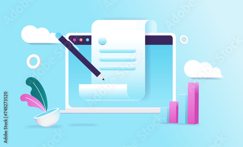 Digital contract signature - Vector illustration of computer screen with pen signing digital document and agreement on blue background