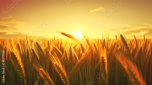 Wheat field in the sun close-up during harvest season