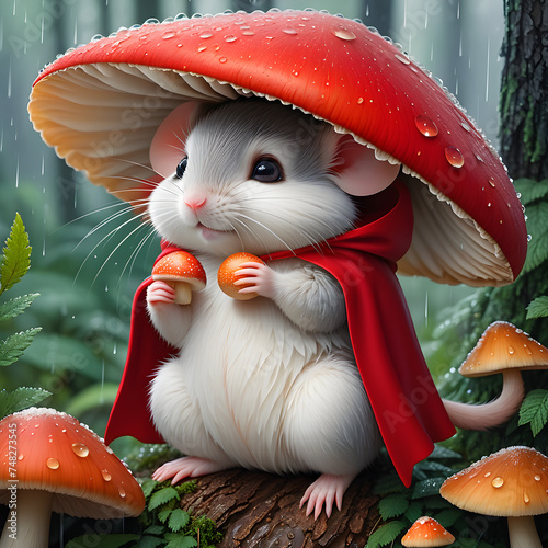 As the rain poured down in the forest, a small cartoon mouse found refuge under a large red caped mushroom. Seeking shelter from the storm, the mouse curled up underneath the mushroom, grateful for th photo