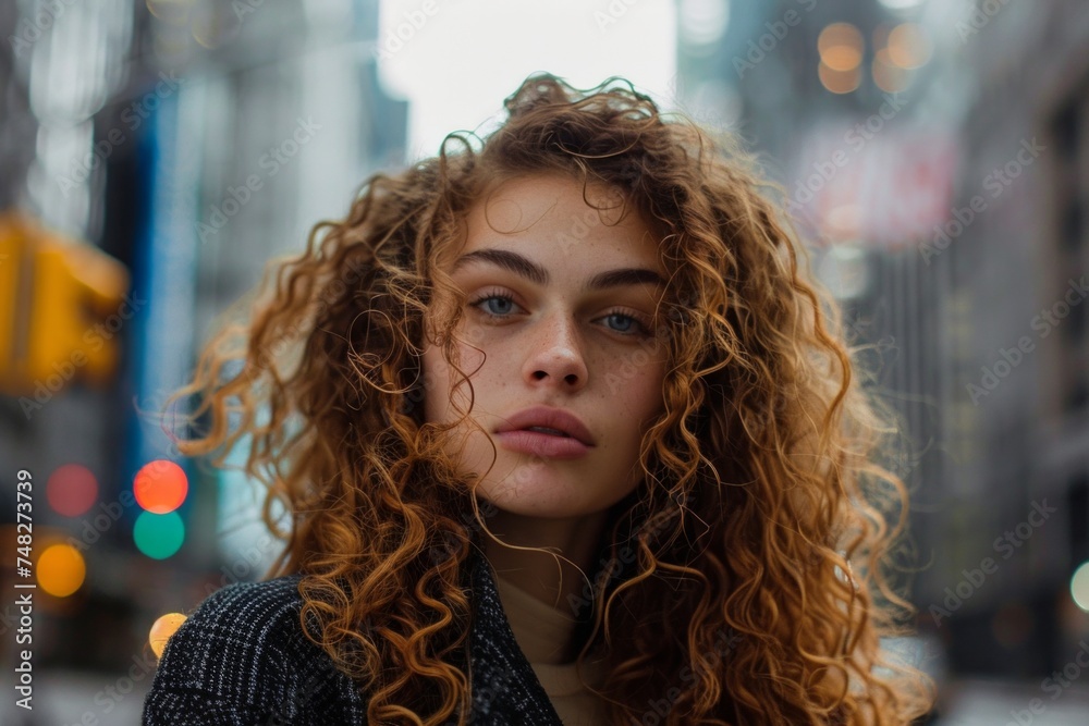 Portrait of young woman with curly hair in the city Portrait of young woman with curly hair in the city