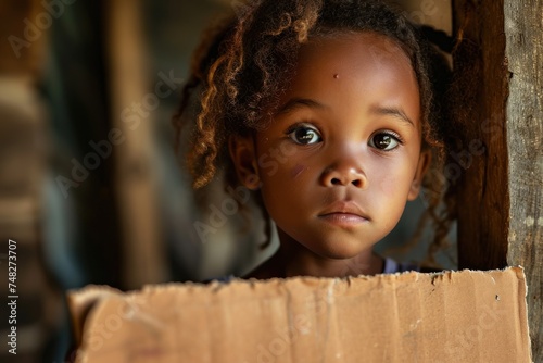 a child looking out of a cardboard box