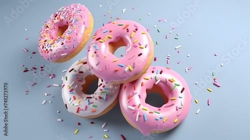 Flying donuts. Mix of multicolored doughnuts with sprinkles on blue or pink background.