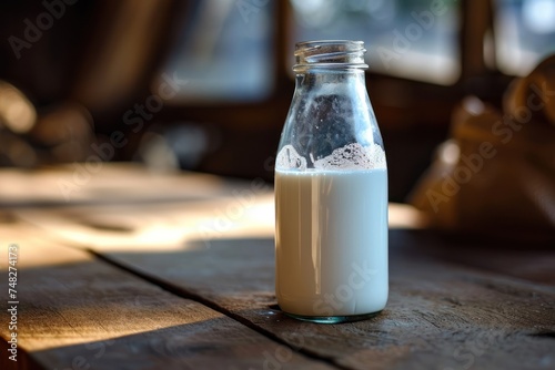 a glass bottle of milk on a table