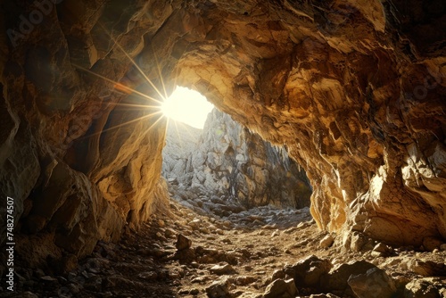a cave with sun shining through it