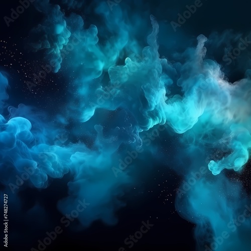 Glitter mist abstract background. Ink water splash. Sky haze wave. Blue color glowing shimmering dust particles texture vapor cloud floating on dark black.