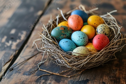 a nest with colorful eggs