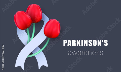 Parkinson’s Awareness Month background, banner, card, poster, template. Vector illustration with ribbon and flowers.