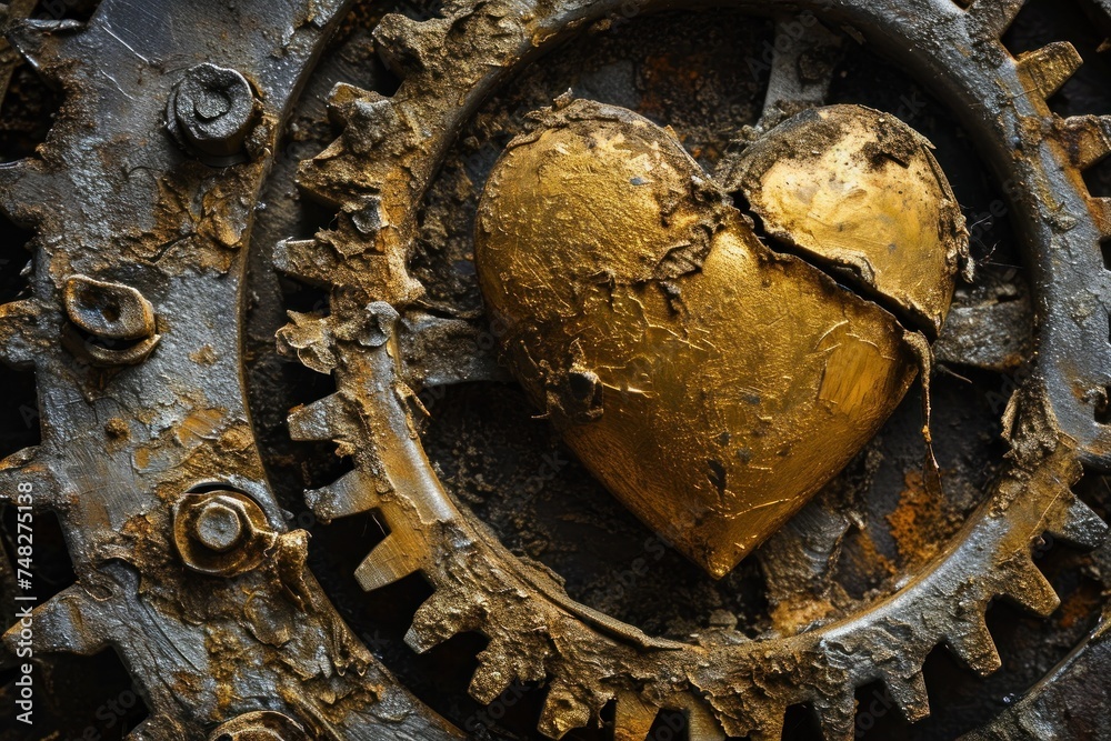 a heart shaped gold object with gears