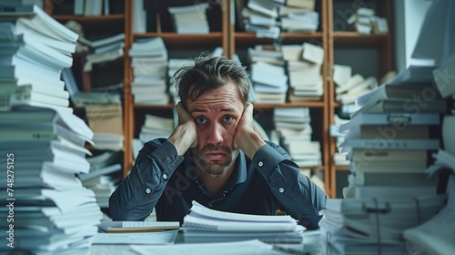 Desperate businessman working in the office and overloaded with work, a pile of documents in front of him photo