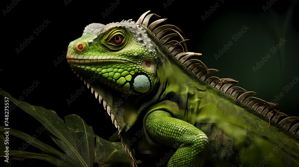 Green iguana (Iguana iguana) basking on rock.