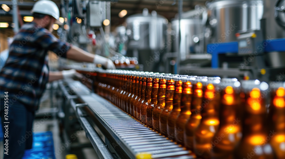 beer bottles on the conveyor line at the factory