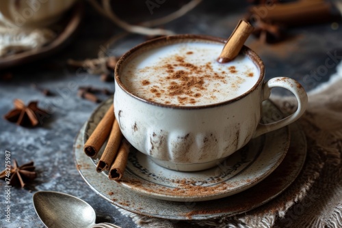 a cup of hot drink with cinnamon sticks