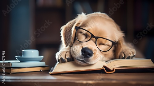 Happy cute dog with reading glasses fell asleep at the table with books. Funny puppy dog. Concept of care, education, obedience training, raising pets.