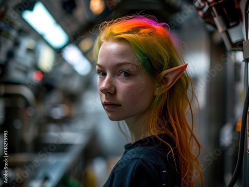 a girl with rainbow hair and elf ears