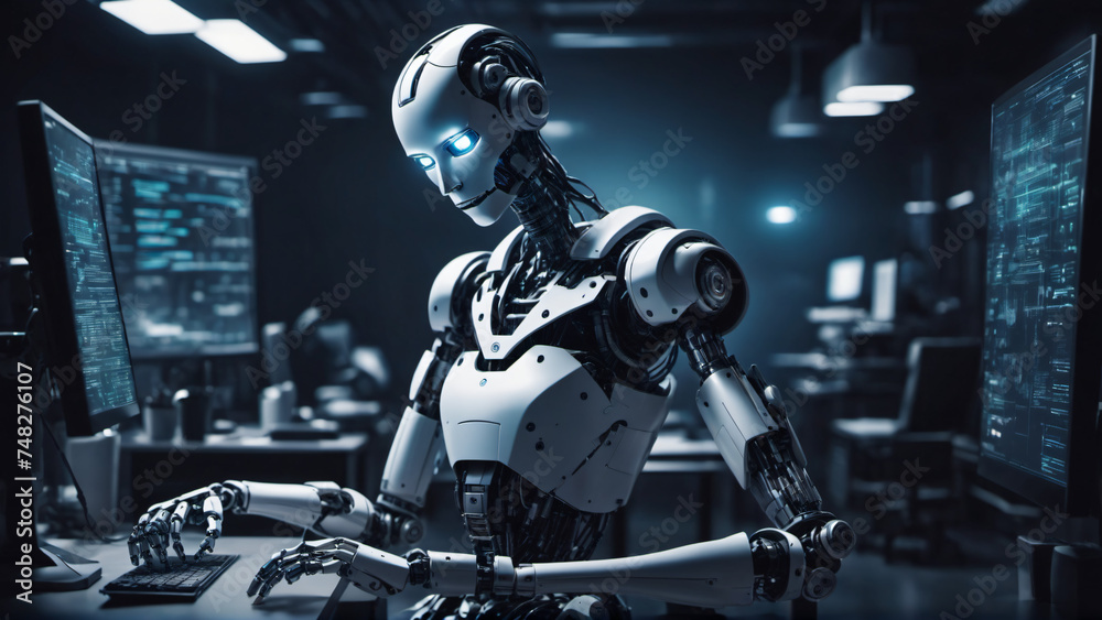 Fototapeta premium AI technology concept, humanoid robot work in a futuristic office, generative AI