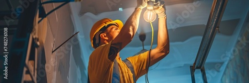 Electrician Installing Electric Lamps in Apartment