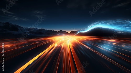 Speed light trails path through smart modern mega city and skyscrapers town with neon futuristic technology background, future virtual reality, motion effect, high speed light.