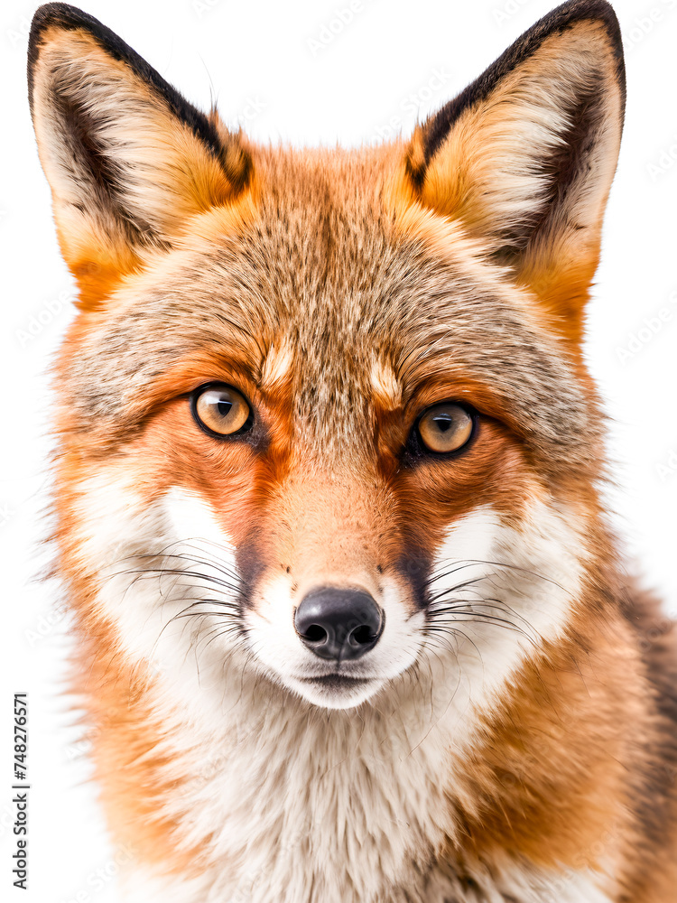 Portrait of a red fox on a white background. Close-up