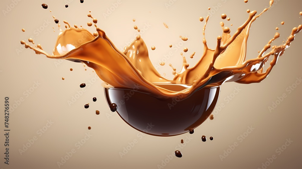 Splash of liquid coffee with coffee beans falling in motion isolated on white flat background. Coffee flavor template. - obrazy, fototapety, plakaty 