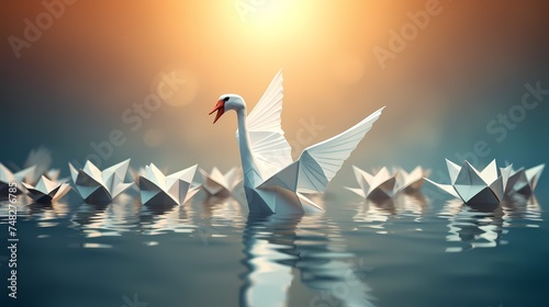 Innovative thinker concept and new idea thinking as a symbol of revolutionary innovation and inspiration metaphor as a group of paper swans and a game changer origami bird in flight. photo