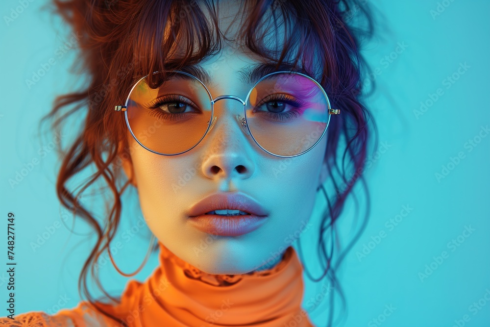 Beautiful dark-haired Caucasian young woman wearing glasses, portrait of a fashionable looking at camera close-up frontal view, female face with makeup Beautiful dark-haired Caucasian young woman wearing glasses, portrait of a fashionable looking at camera close-up frontal view, female face with makeup