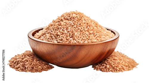 Pile of brown rice, brown rice in a wooden bowl isolated on transparent a white background 