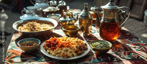 A table covered with adras fabric is laden with bowls of Uzbek cuisine pilaf and a pitcher of tea. The colorful food invites a traditional dining experience, showcasing the richness of Uzbek culinary photo