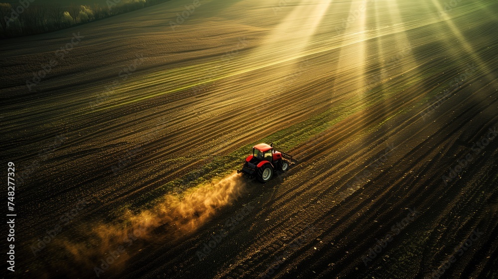 Tractor cultivating field at spring,aerial view