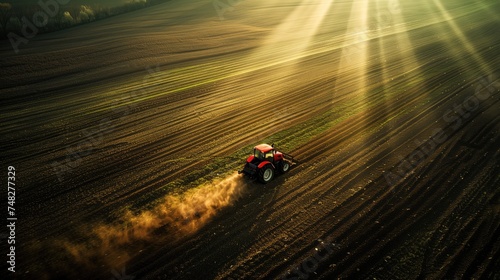Obraz na płótnie Tractor cultivating field at spring,aerial view w salonie