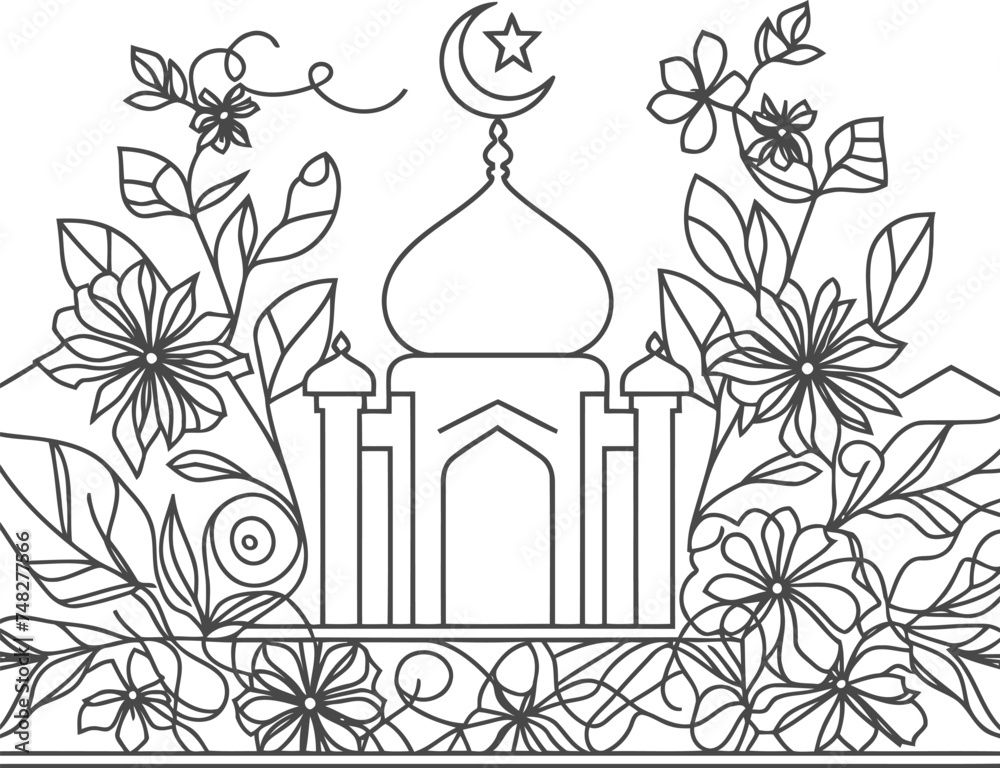 Naklejka premium Muslim Ramadan Islam in continuous line drawing minimalist, simplicity contour,