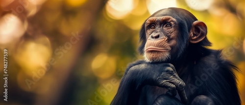 Retrato de close-up de chimpanzé em ambiente natural. Panorama photo