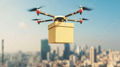 Quadcopter drone com caixa de papelão no fundo da cidade. Renderização 3D