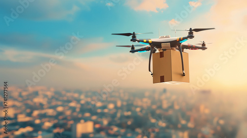 Quadcopter drone com caixa de papelão no fundo da cidade. Renderização 3D