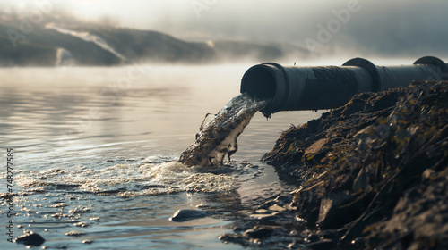 Tubulações na água. O conceito de poluição ambiental do planeta. photo