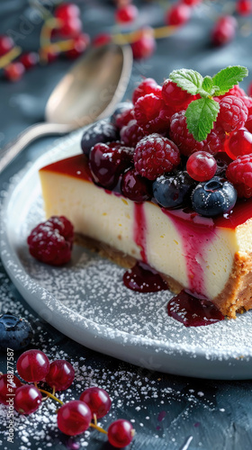 Cheesecake topped with berries and syrup - Luxuriously topped cheesecake with red currants and icing sugar on a rustic slate