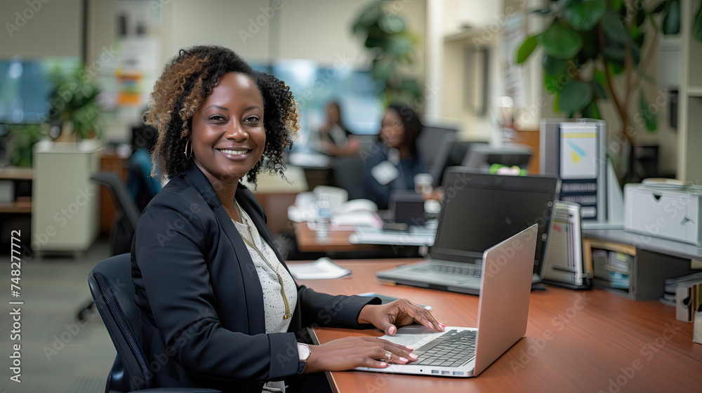 Portrait of pretty cheerful accountant looking away sitting at desk in modern office dreaming about weekend vacation enjoying view from window. Positive thinking person concept