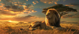 Leão deitado na grama à luz do pôr do sol. Renderização 3D