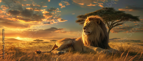 Leão deitado na grama à luz do pôr do sol. Renderização 3D photo